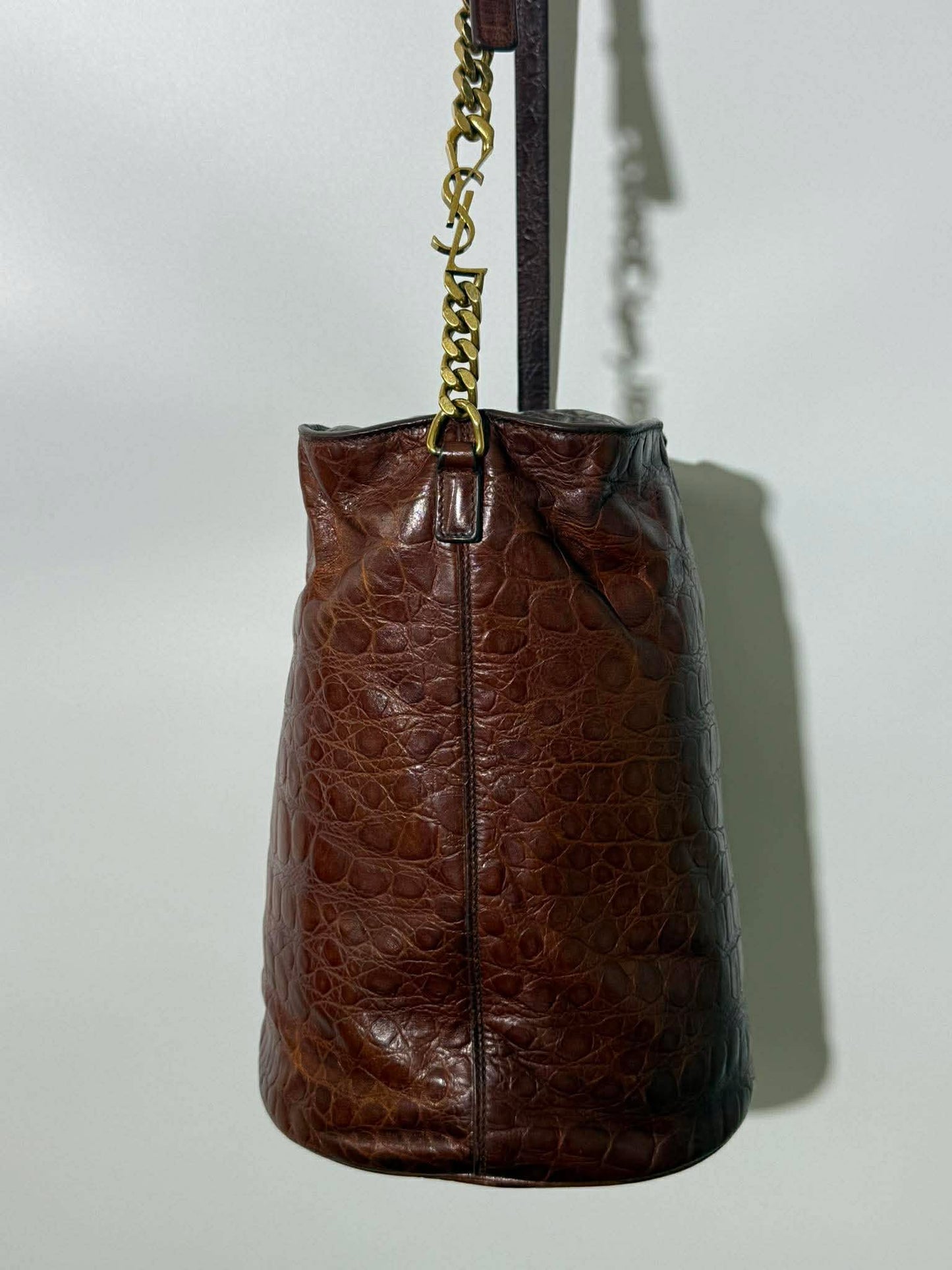 Saint Laurent Brown Crocodile Embossed Bucket Bag