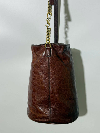 Saint Laurent Brown Crocodile Embossed Bucket Bag