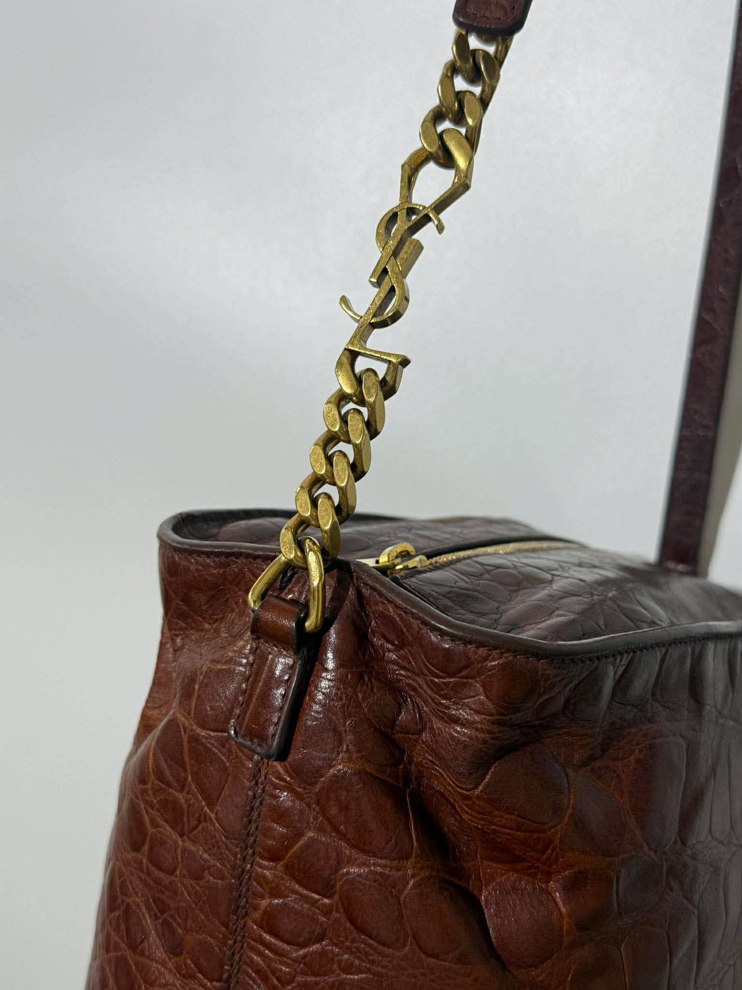 Saint Laurent Brown Crocodile Embossed Bucket Bag
