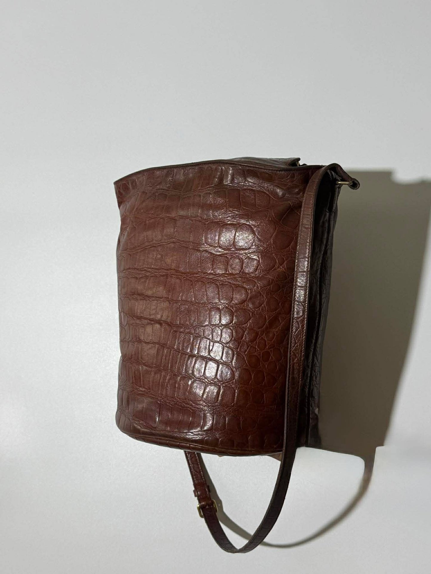 Saint Laurent Brown Crocodile Embossed Bucket Bag
