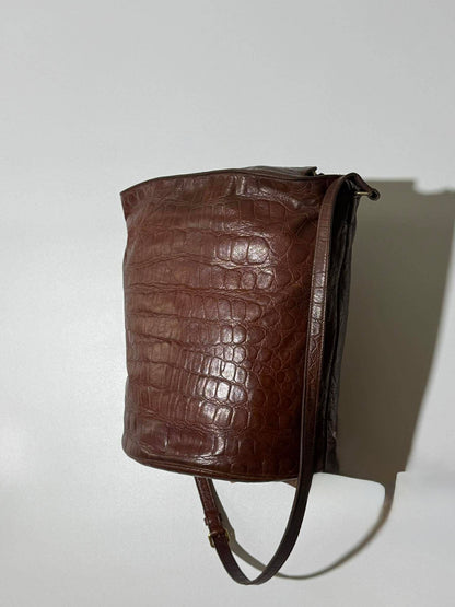 Saint Laurent Brown Crocodile Embossed Bucket Bag