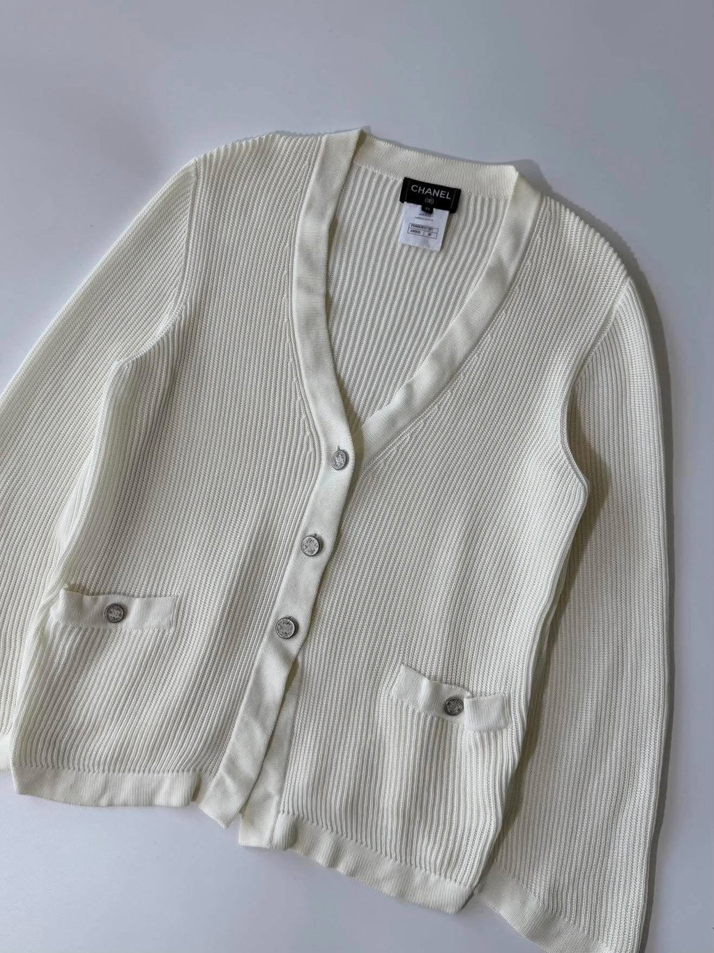 Chanel Silver-Tone Coco Mark Buttons Cardigan