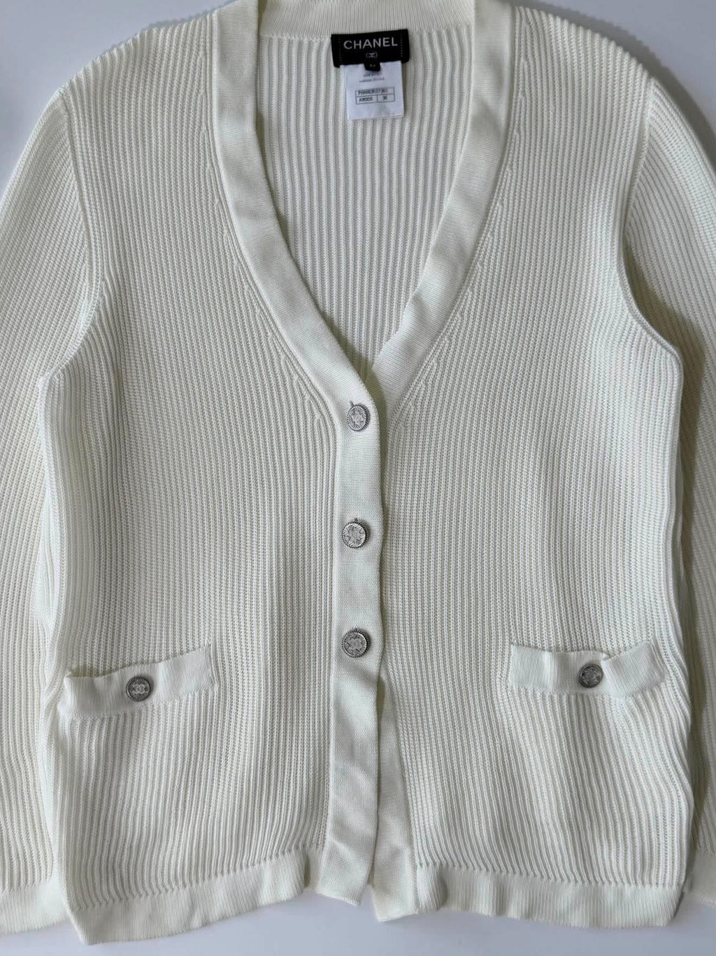 Chanel Silver-Tone Coco Mark Buttons Cardigan