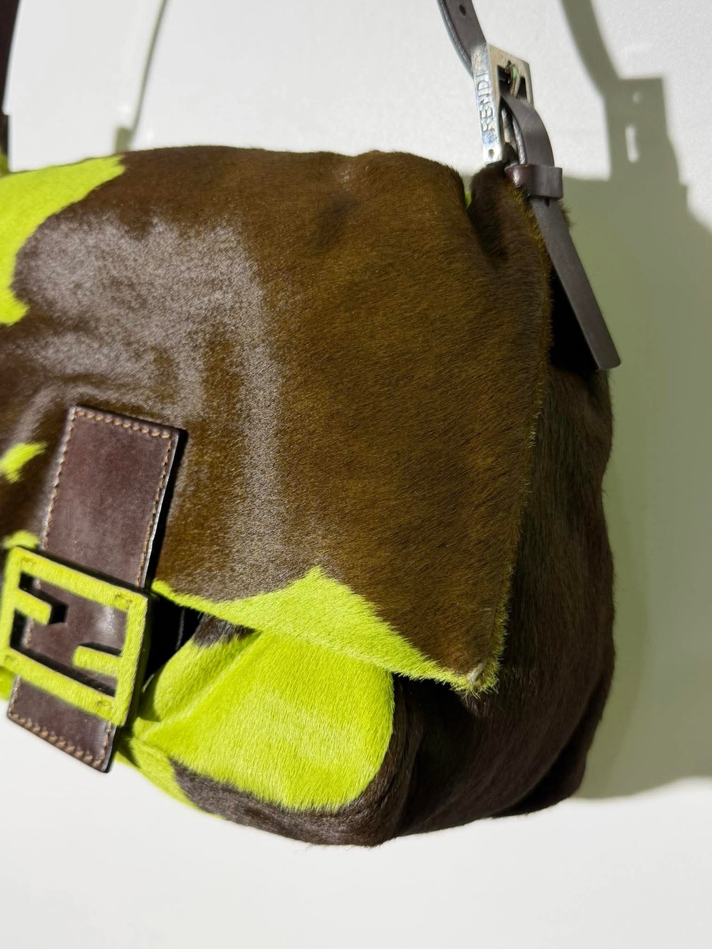Vintage Fendi Ponyhair Mama Baguette Green/Brown Cow Print