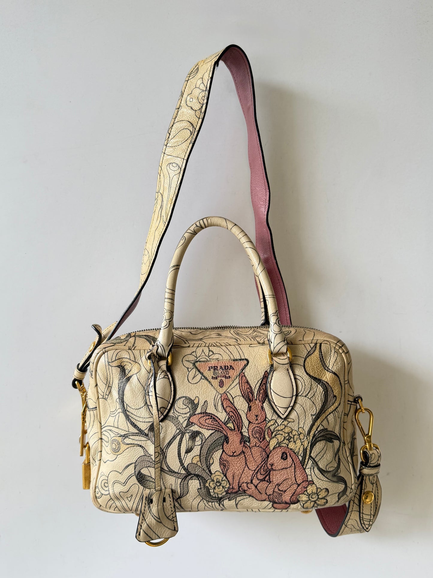 Prada x James Jean Glace Calf Rabbit Print Bauletto Opaline