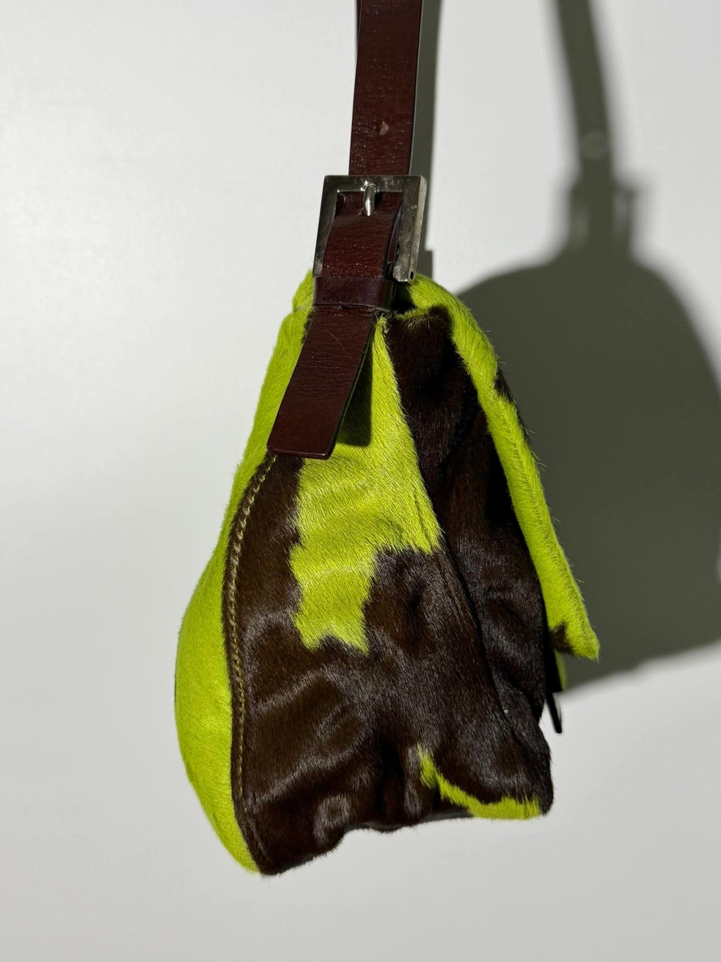 Vintage Fendi Ponyhair Mama Baguette Green/Brown Cow Print