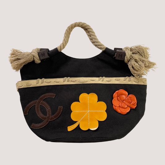 1990 Chanel Spring/Summer Canvas Bag with Coloured Leather Camellia Applique