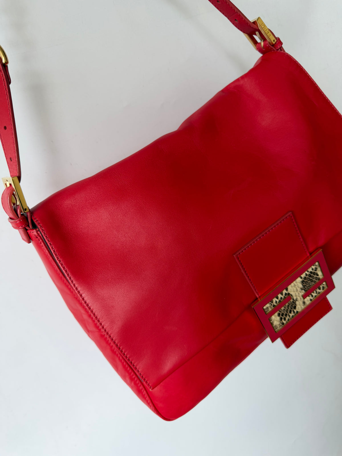 Fendi Red Baguette Mamma Snakeskin FF Logo Clasp