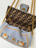 Fendi 2021 Light Blue Wool Knit Floral Baguette