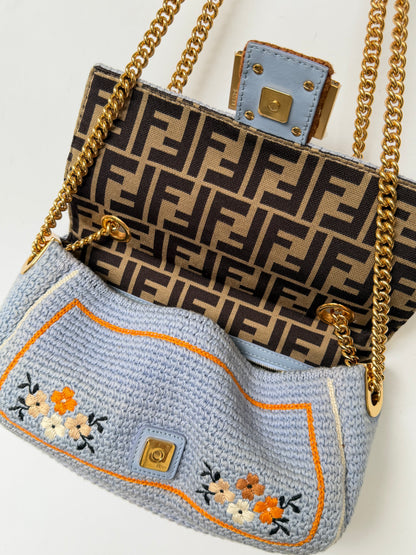 Fendi 2021 Light Blue Wool Knit Floral Baguette