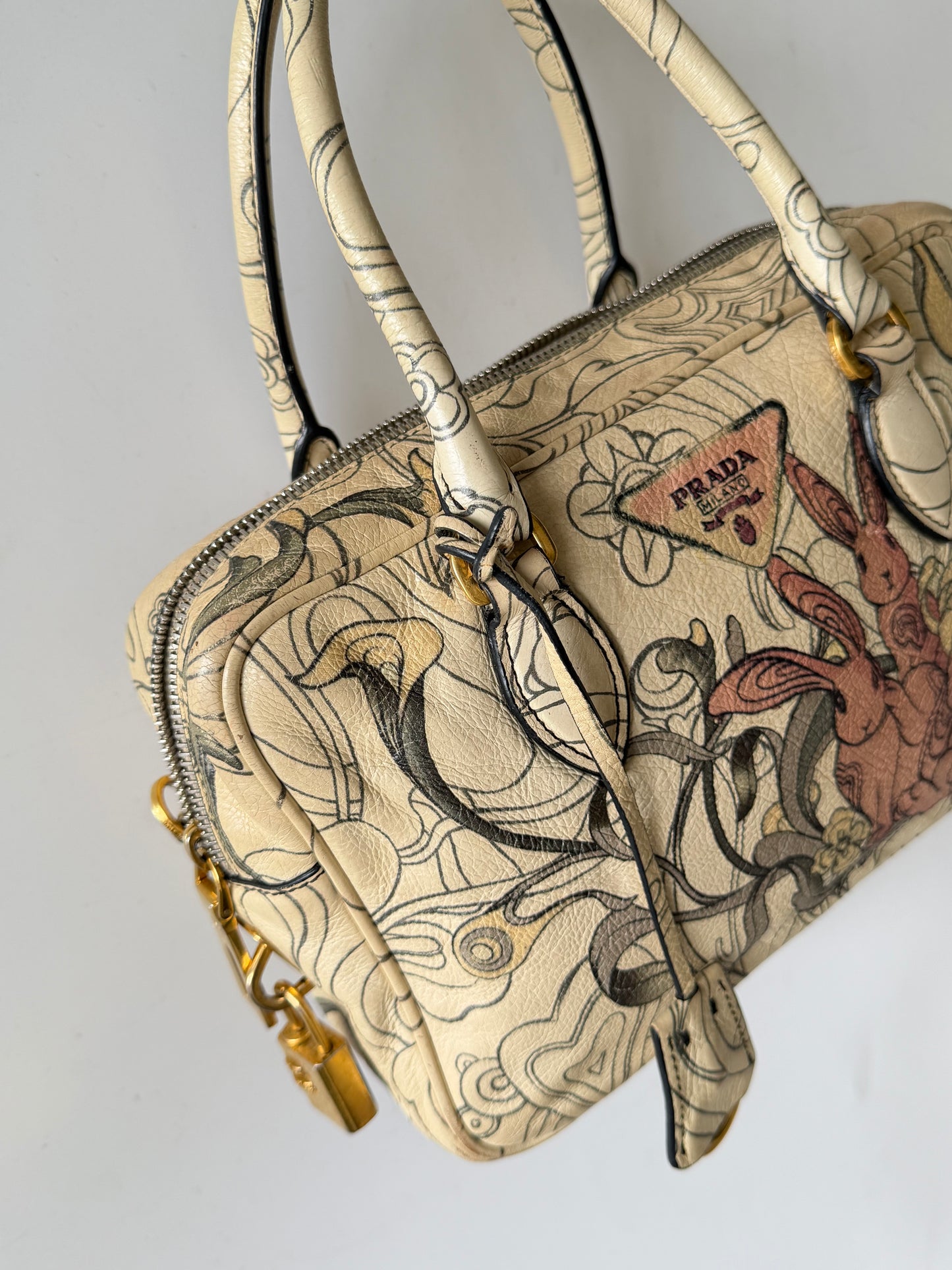 Prada x James Jean Glace Calf Rabbit Print Bauletto Opaline