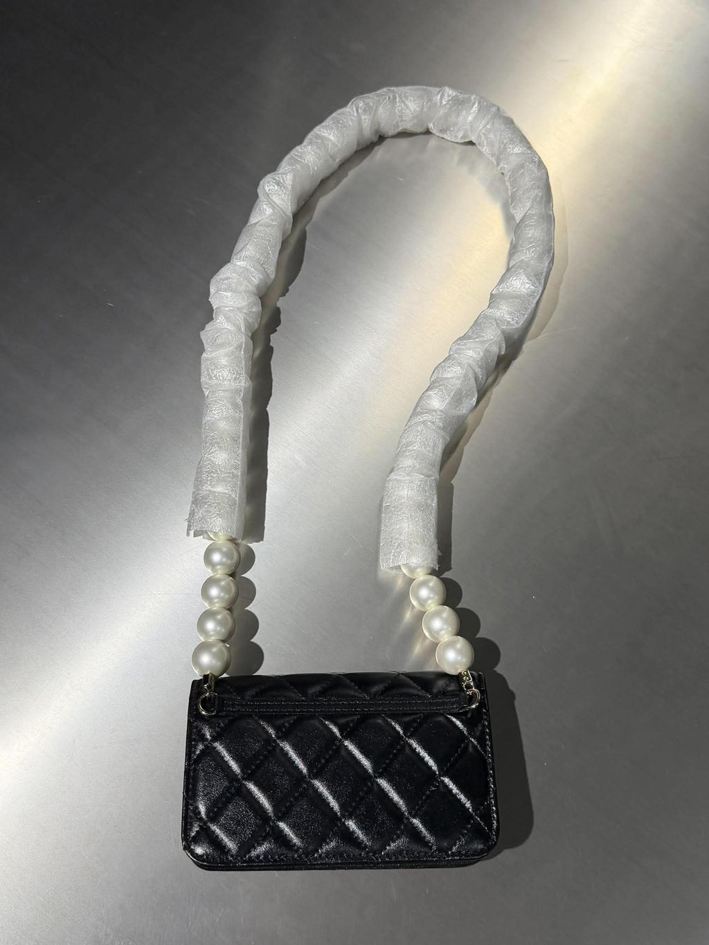 Chanel Black Quilted Maxi Pearls Wallet on Chain Bag