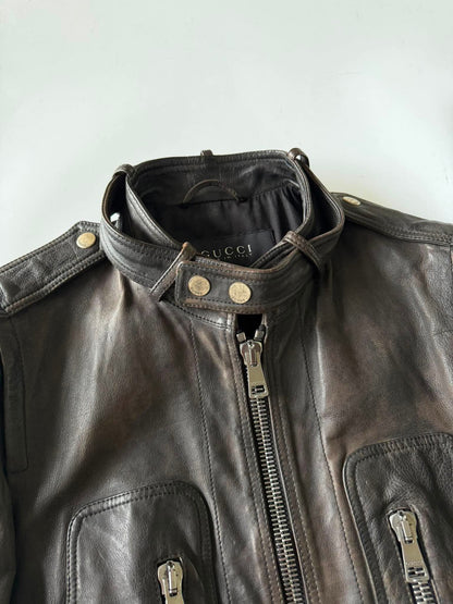 SS2011 GUCCI BROWN ERODED LEATHER PREMIUM JACKET