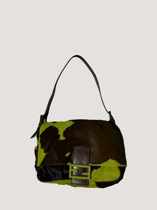 Vintage Fendi Ponyhair Mama Baguette Green/Brown Cow Print