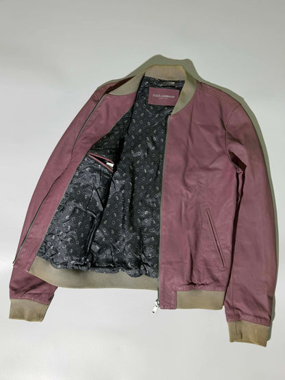 Dolce & Gabbana Dusty Pink Creased Leather Bomber Jacket