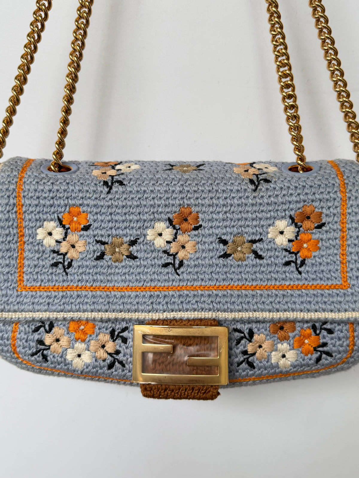 Fendi 2021 Light Blue Wool Knit Floral Baguette