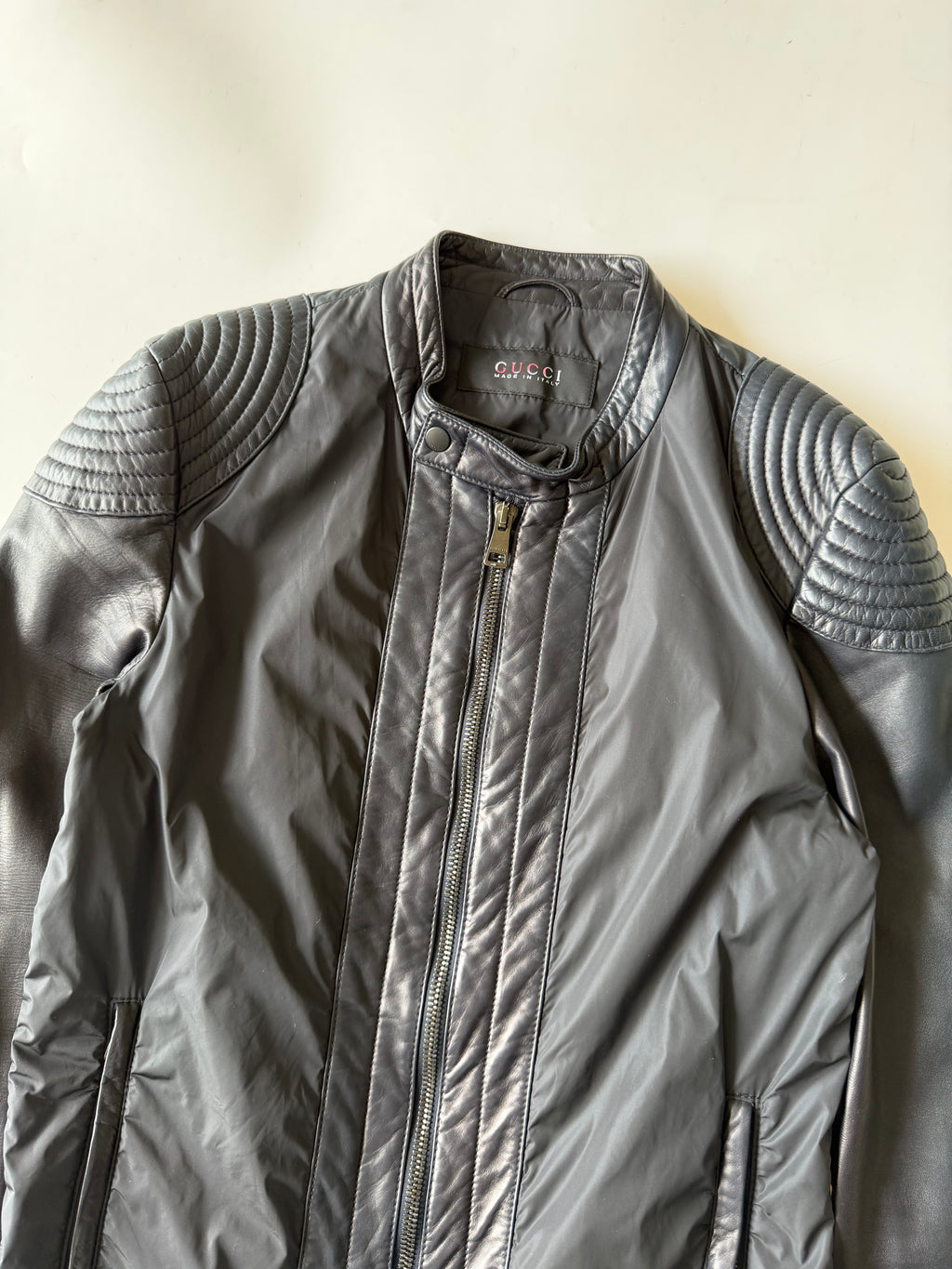 Gucci Men's Nylon-Switching Biker Leather Jacket