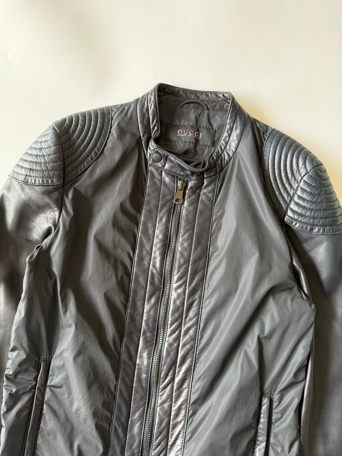 Gucci Men's Nylon-Switching Biker Leather Jacket