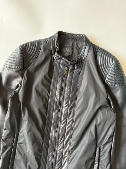 Gucci Men's Nylon-Switching Biker Leather Jacket