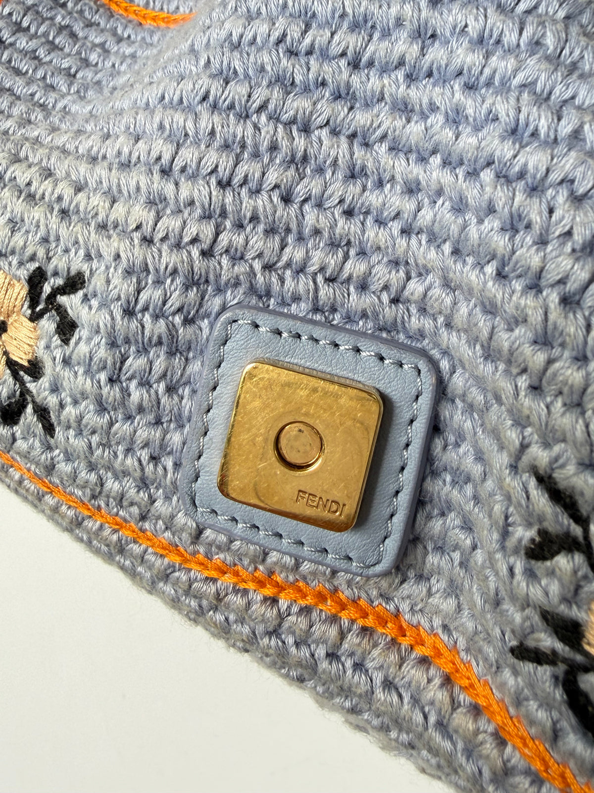 Fendi 2021 Light Blue Wool Knit Floral Baguette
