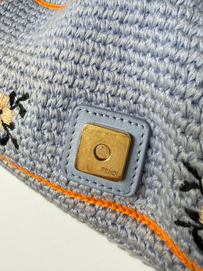 Fendi 2021 Light Blue Wool Knit Floral Baguette
