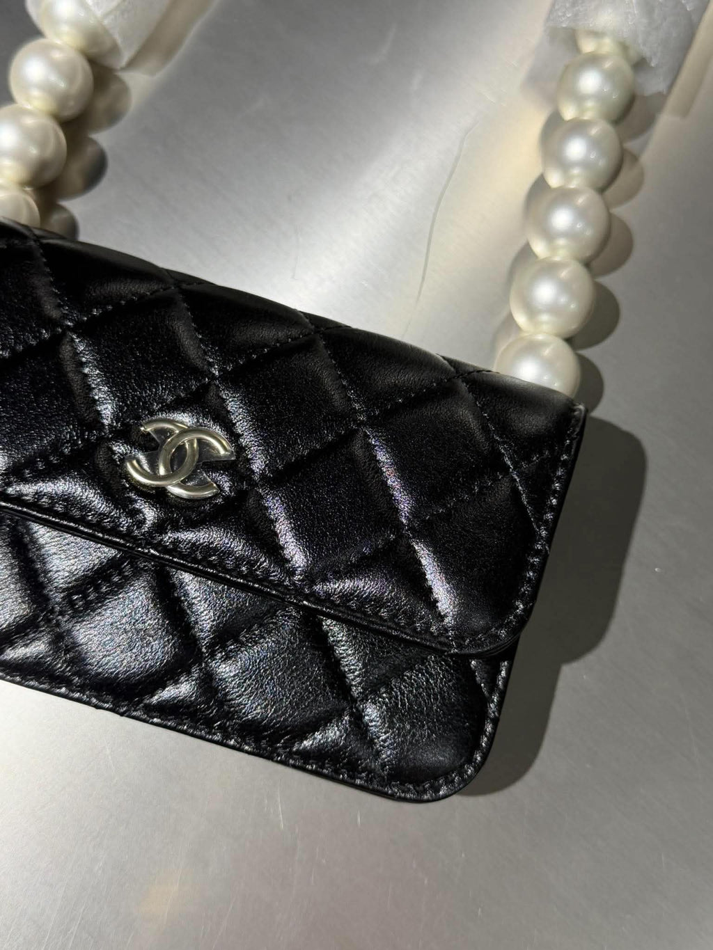 Chanel Black Quilted Maxi Pearls Wallet on Chain Bag