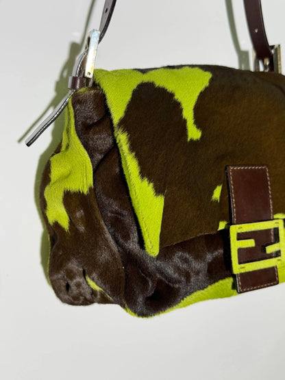 Vintage Fendi Ponyhair Mama Baguette Green/Brown Cow Print