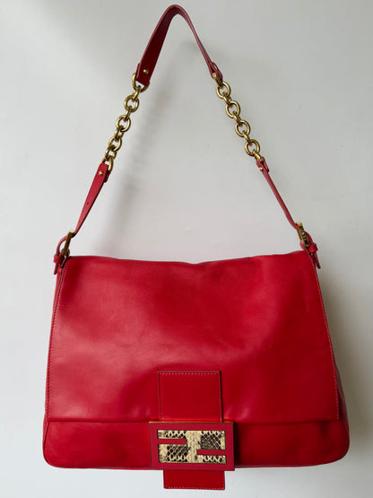 Fendi Red Baguette Mamma Snakeskin FF Logo Clasp