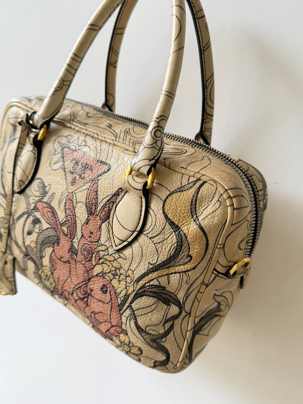 Prada x James Jean Glace Calf Rabbit Print Bauletto Opaline