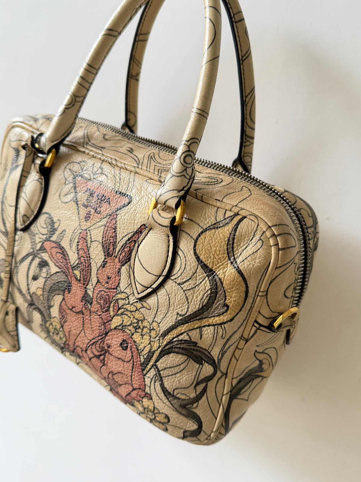 Prada x James Jean Glace Calf Rabbit Print Bauletto Opaline