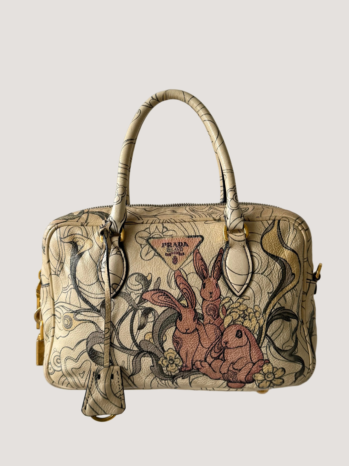 Prada x James Jean Glace Calf Rabbit Print Bauletto Opaline