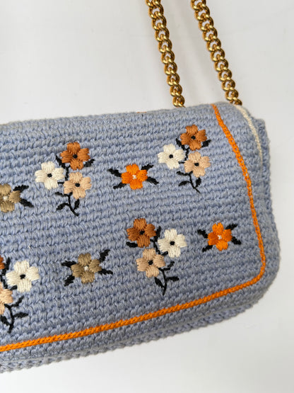 Fendi 2021 Light Blue Wool Knit Floral Baguette