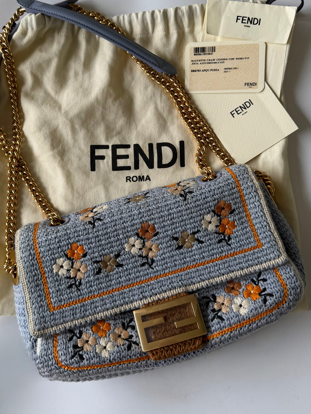 Fendi 2021 Light Blue Wool Knit Floral Baguette
