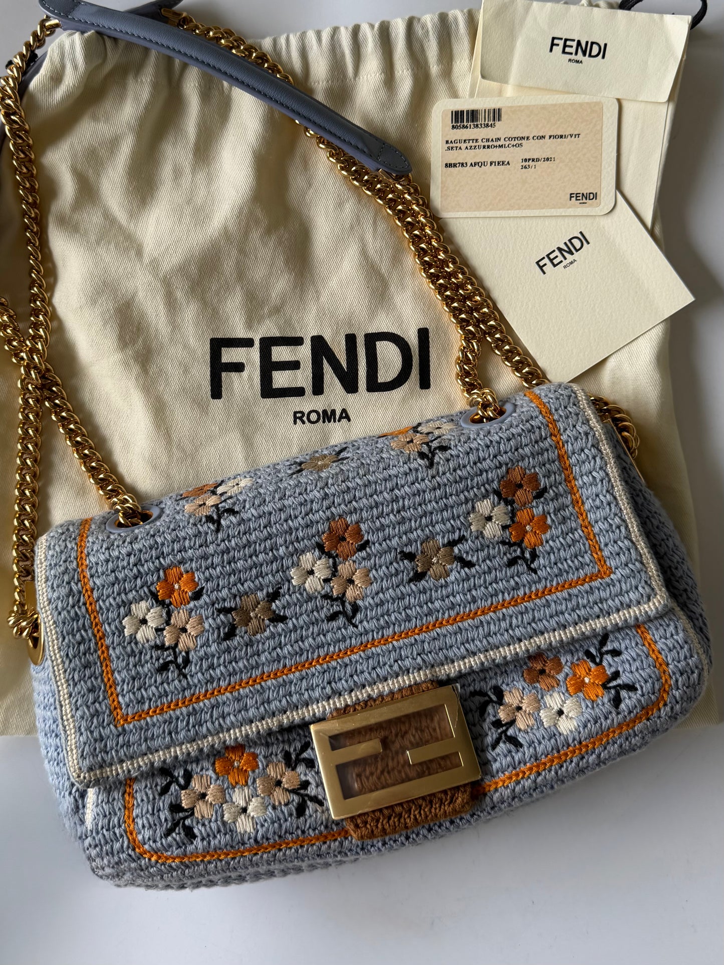 Fendi 2021 Light Blue Wool Knit Floral Baguette