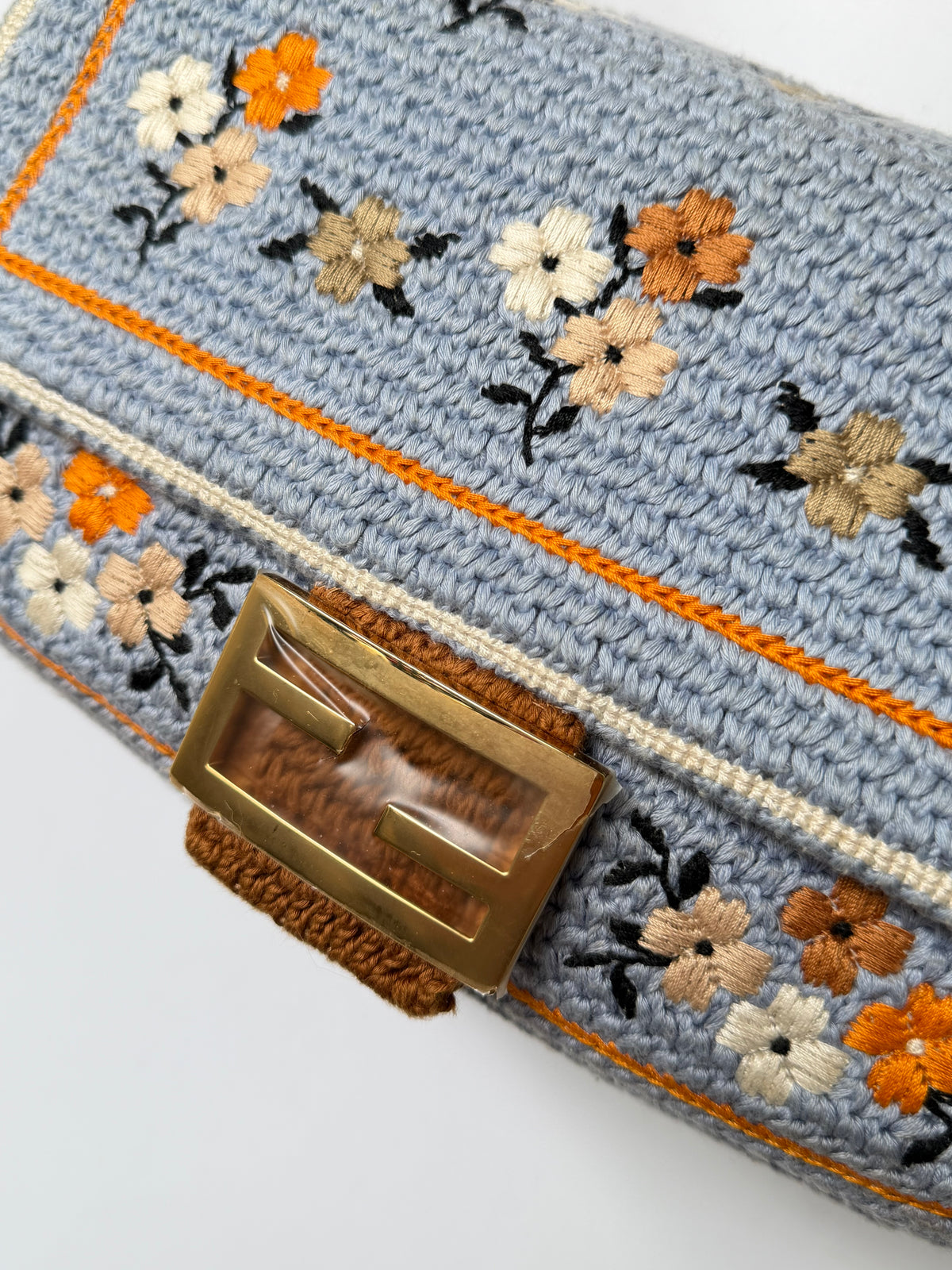 Fendi 2021 Light Blue Wool Knit Floral Baguette