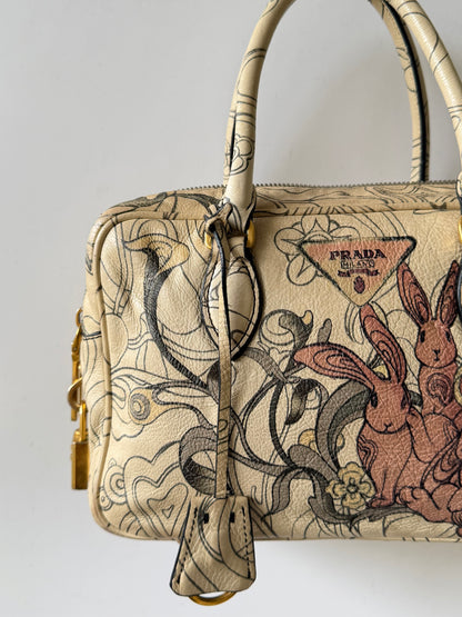 Prada x James Jean Glace Calf Rabbit Print Bauletto Opaline