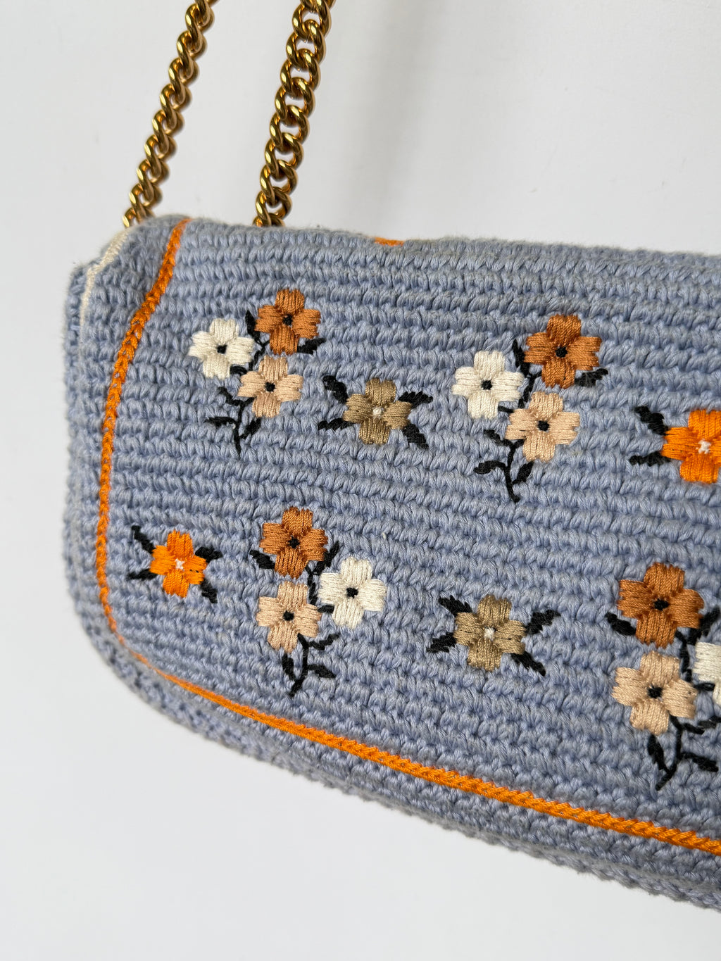 Fendi 2021 Light Blue Wool Knit Floral Baguette