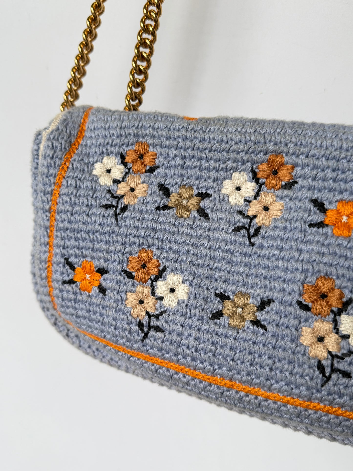 Fendi 2021 Light Blue Wool Knit Floral Baguette