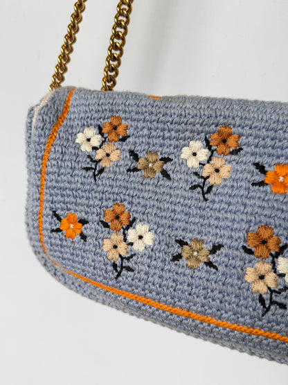 Fendi 2021 Light Blue Wool Knit Floral Baguette