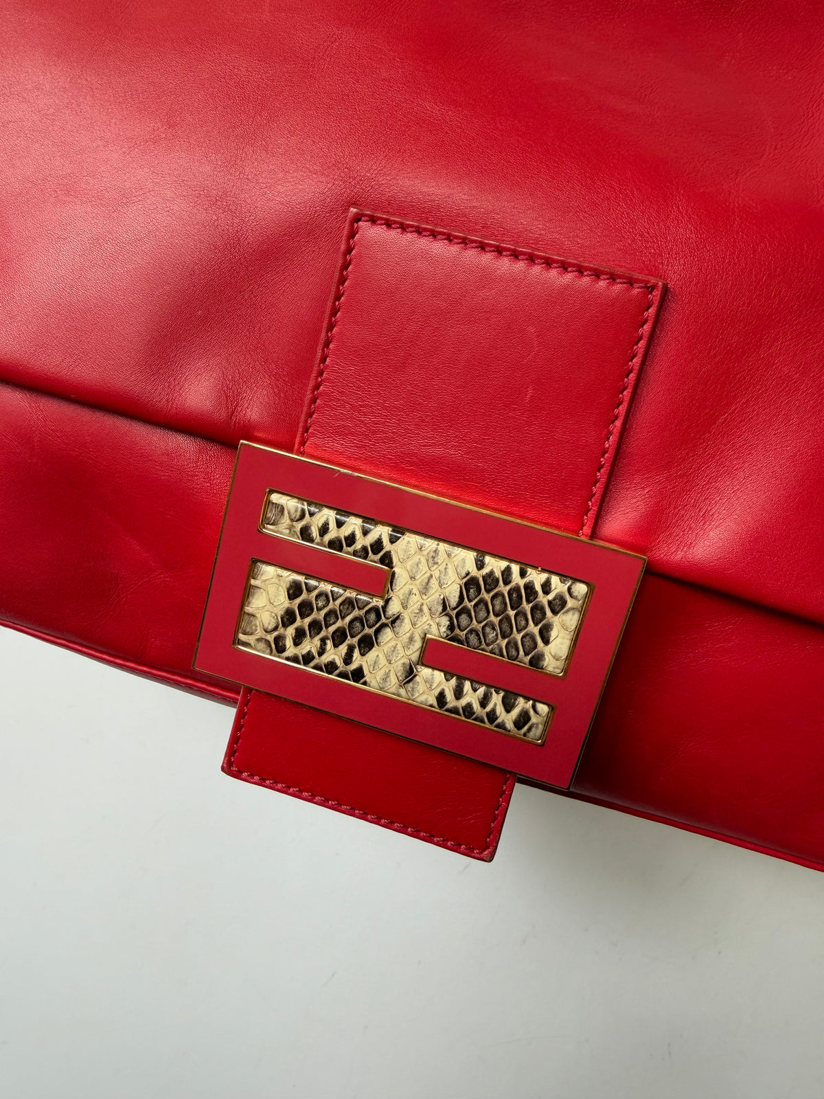 Fendi Red Baguette Mamma Snakeskin FF Logo Clasp