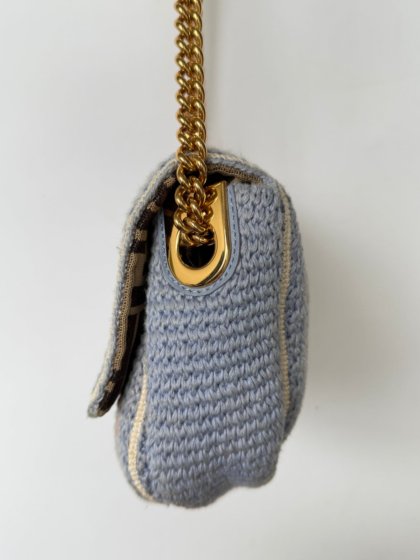 Fendi 2021 Light Blue Wool Knit Floral Baguette