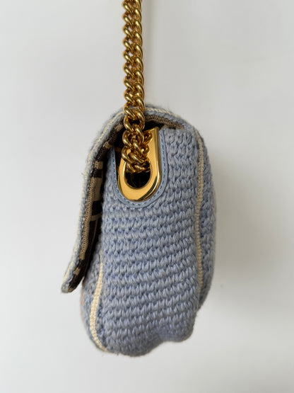 Fendi 2021 Light Blue Wool Knit Floral Baguette