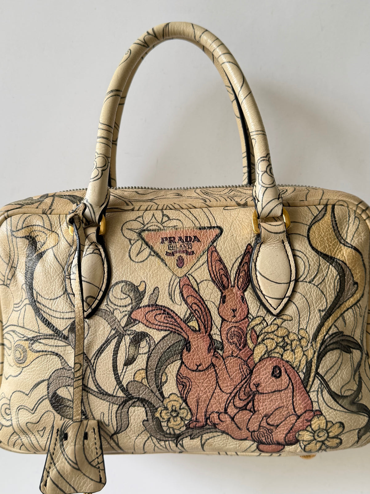 Prada x James Jean Glace Calf Rabbit Print Bauletto Opaline