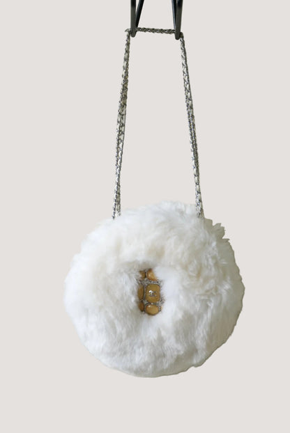 Chanel White Faux Fur Crystal Embellished CC Round Crossbody