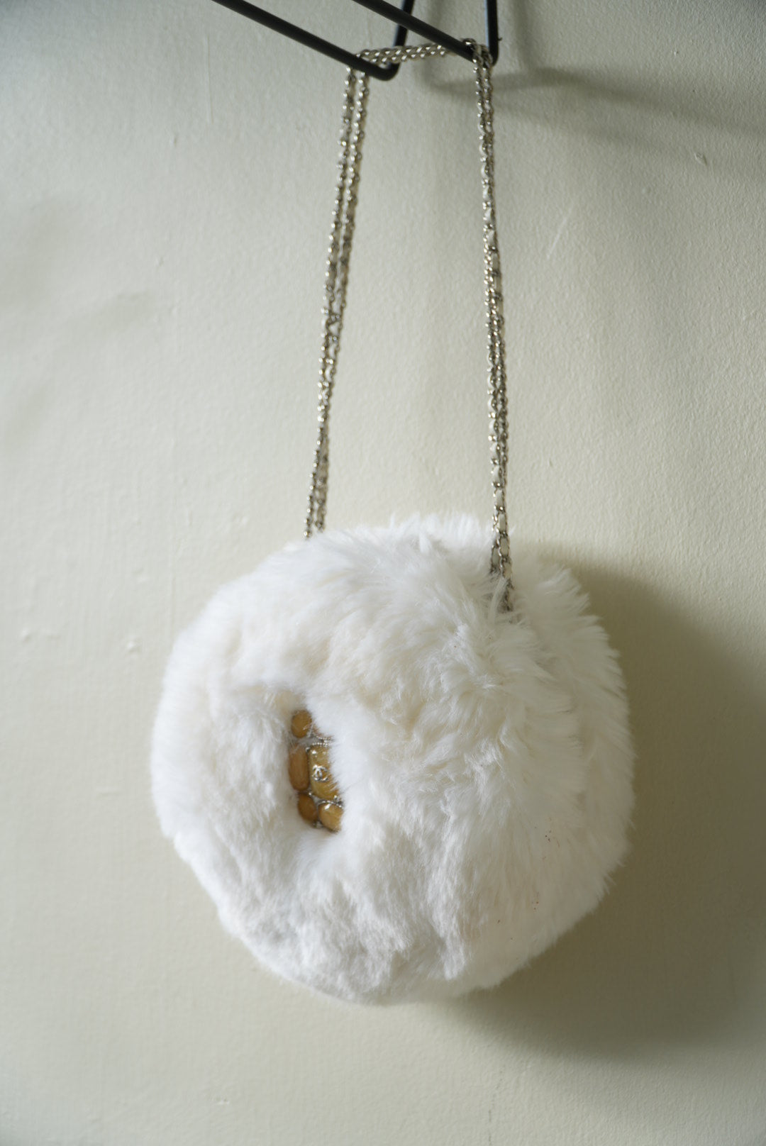 Chanel White Faux Fur Crystal Embellished CC Round Crossbody