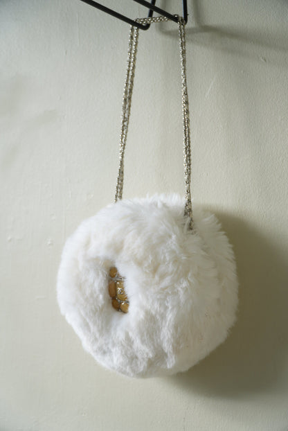 Chanel White Faux Fur Crystal Embellished CC Round Crossbody