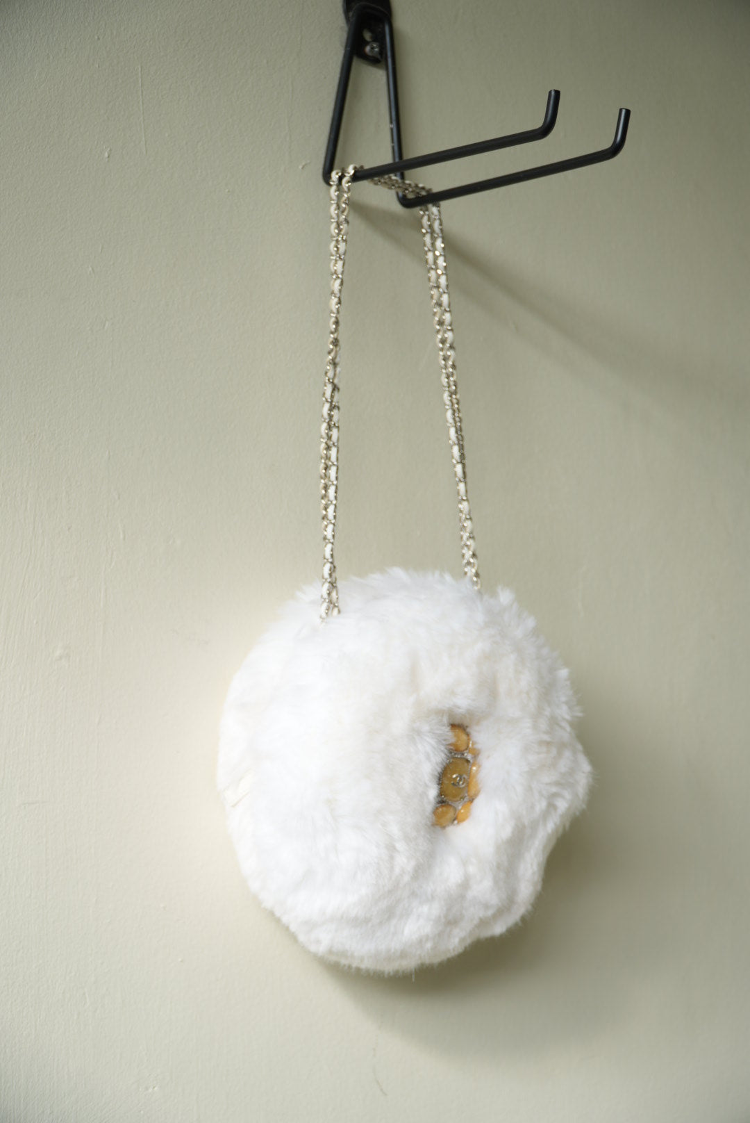 Chanel White Faux Fur Crystal Embellished CC Round Crossbody