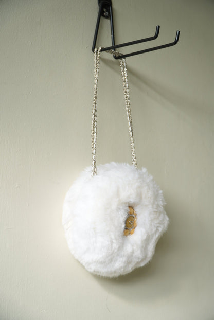 Chanel White Faux Fur Crystal Embellished CC Round Crossbody
