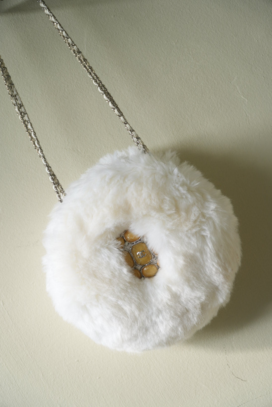 Chanel White Faux Fur Crystal Embellished CC Round Crossbody