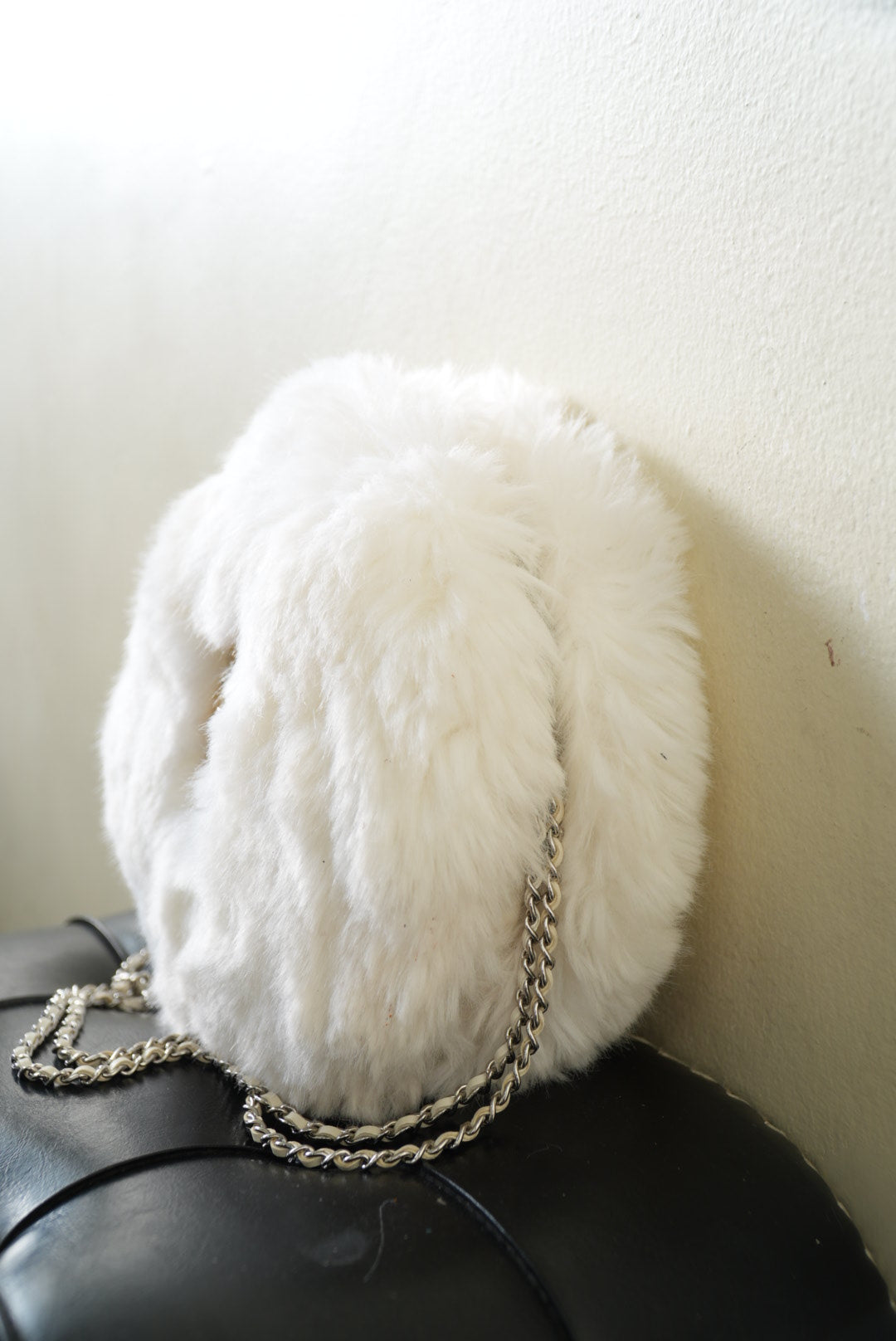 Chanel White Faux Fur Crystal Embellished CC Round Crossbody